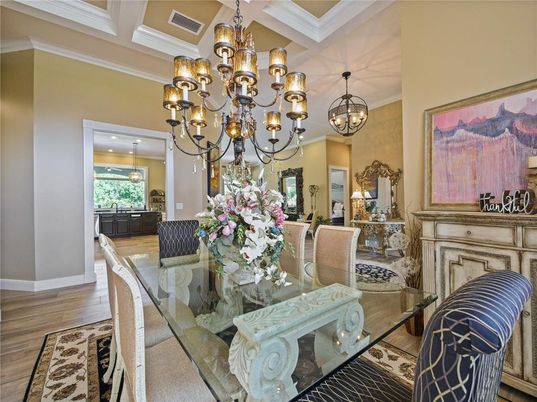 Chandelier, Dining room, Interior, Recessed Lighting, Wood Texture Flooring