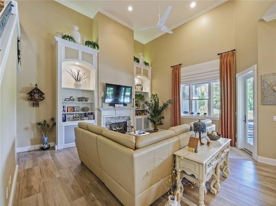 Fireplace, Interior, Living room, Recessed Lighting, Wood Texture Flooring