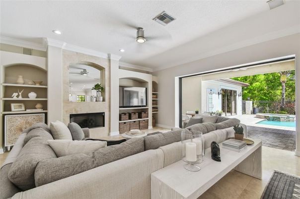 Fireplace, Interior, Living room, Recessed Lighting, Wood Texture Flooring