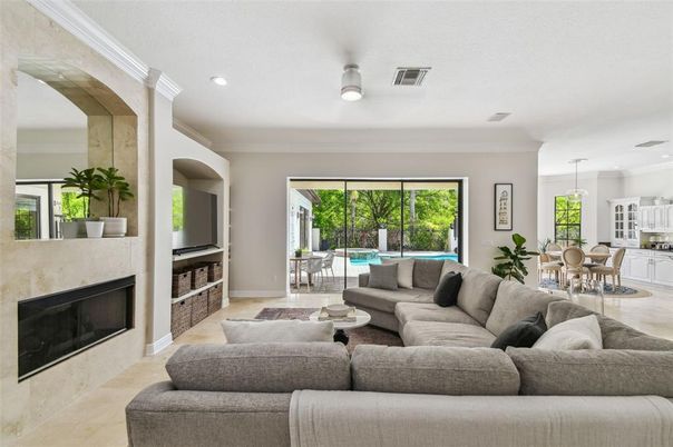 Dining room, Fireplace, Interior, Living room, Pendant Lights, Recessed Lighting