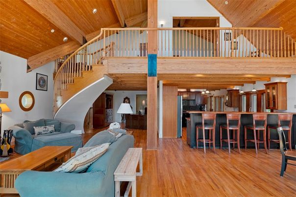 Interior, Kitchen, Living room, Pendant Lights, Recessed Lighting, Wooden Beams, Wooden Ceilings, Wood Texture Flooring