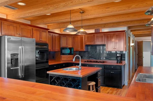 Interior, Kitchen, Pendant Lights, Recessed Lighting, Stainless Steel Appliances, Wooden Ceilings, Wood Texture Flooring