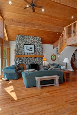 Fireplace, Interior, Living room, Recessed Lighting, Stone Walls, Wooden Ceilings, Wood Texture Flooring