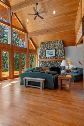 Fireplace, Interior, Living room, Recessed Lighting, Stone Walls, Wooden Beams, Wooden Ceilings, Wood Texture Flooring