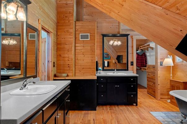 Bathroom, Dual Sink Vanities, Free Standing Baths, Interior, Wooden Ceilings, Wood Texture Flooring, Wooden Walls