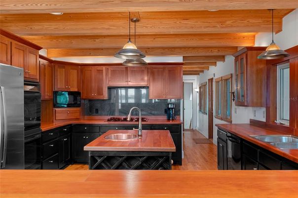 Interior, Kitchen, Pendant Lights, Stainless Steel Appliances, Wooden Ceilings, Wood Texture Flooring