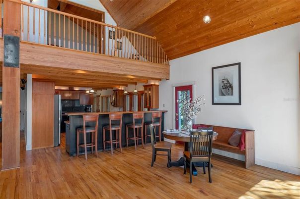 Dining room, Interior, Kitchen, Pendant Lights, Recessed Lighting, Wooden Beams, Wooden Ceilings, Wood Texture Flooring