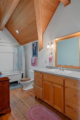 Bathroom, Dual Sink Vanities, Free Standing Baths, Interior, Recessed Lighting, Wooden Beams, Wooden Ceilings, Wood Texture Flooring