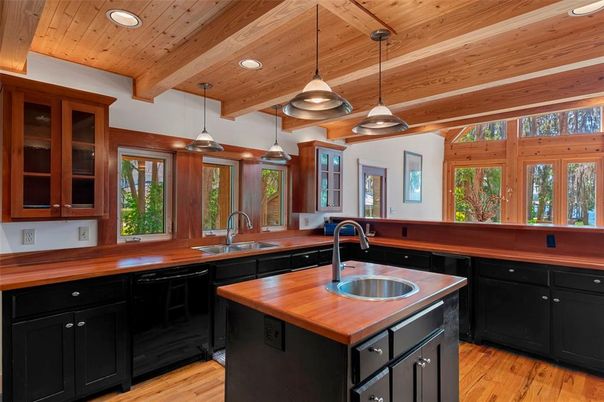 Interior, Kitchen, Pendant Lights, Recessed Lighting, Wooden Beams, Wooden Ceilings, Wood Texture Flooring