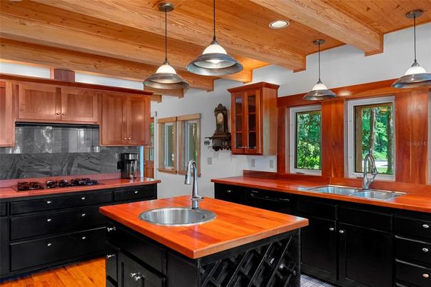 Interior, Kitchen, Pendant Lights, Recessed Lighting, Wooden Beams, Wooden Ceilings, Wood Texture Flooring