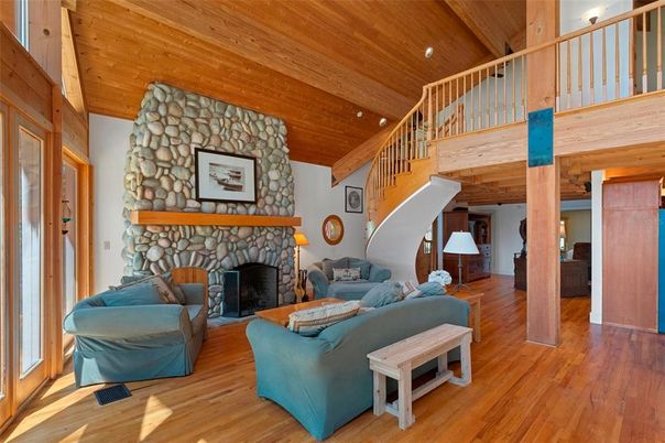Fireplace, Interior, Living room, Recessed Lighting, Stone Walls, Wooden Beams, Wooden Ceilings, Wood Texture Flooring