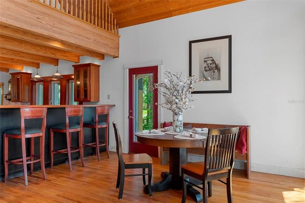 Dining room, Interior, Pendant Lights, Wooden Ceilings, Wood Texture Flooring