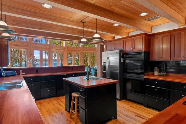 Interior, Kitchen, Pendant Lights, Recessed Lighting, Stainless Steel Appliances, Wooden Beams, Wooden Ceilings, Wood Texture Flooring