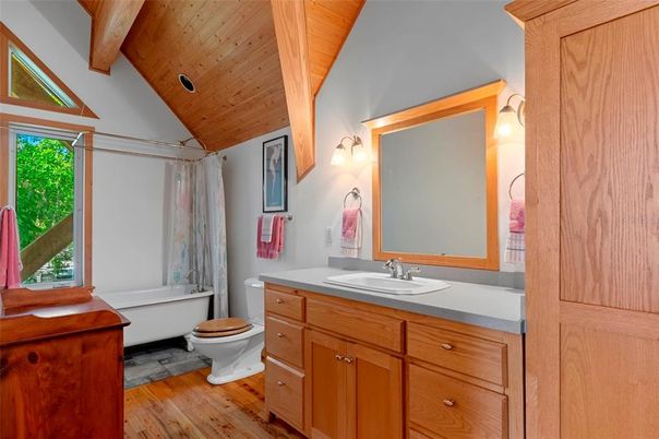 Bathroom, Dual Sink Vanities, Interior, Wooden Beams, Wooden Ceilings, Wood Texture Flooring