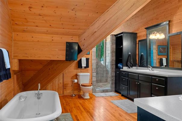 Bathroom, Dual Sink Vanities, Free Standing Baths, Interior, Wooden Ceilings, Wood Texture Flooring, Wooden Walls