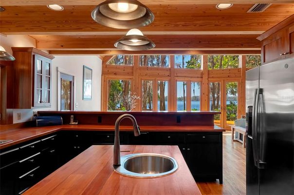Interior, Kitchen, Pendant Lights, Recessed Lighting, Wooden Beams, Wooden Ceilings, Wood Texture Flooring