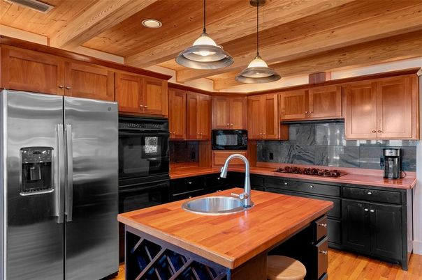 Interior, Kitchen, Pendant Lights, Recessed Lighting, Stainless Steel Appliances, Wooden Ceilings, Wood Texture Flooring