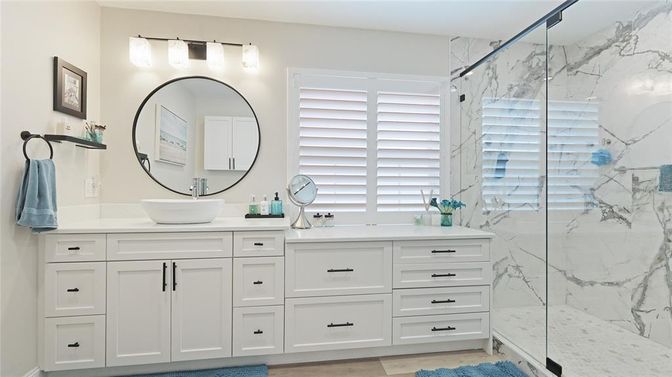 Bathroom, Dual Sink Vanities, Glass Shower, Interior, Marble Walls