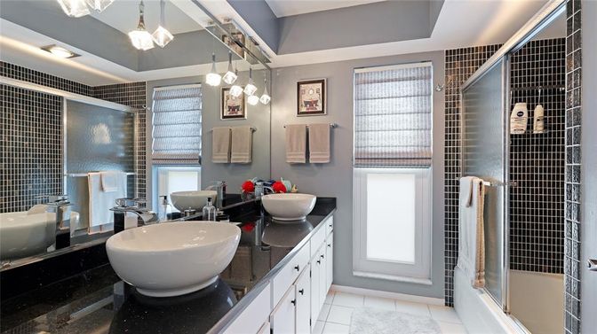 Bathroom, Dual Sink Vanities, Free Standing Baths, Glass Shower, Interior, Pendant Lights