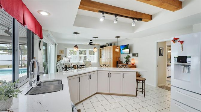 Dining room, Interior, Kitchen, Pendant Lights, Recessed Lighting, Water, Wooden Beams