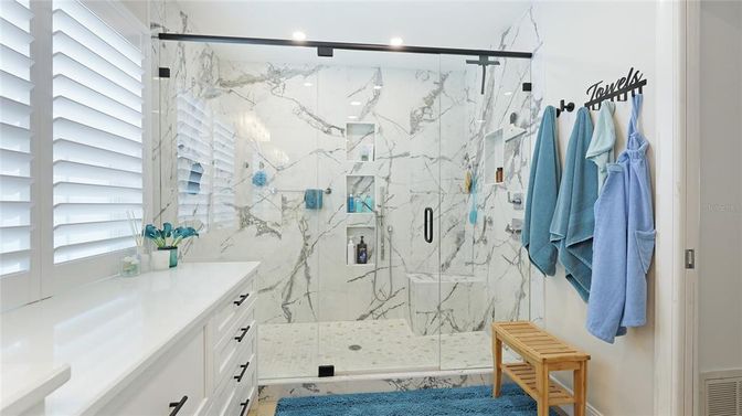 Bathroom, Glass Shower, Interior, Marble Walls, Recessed Lighting