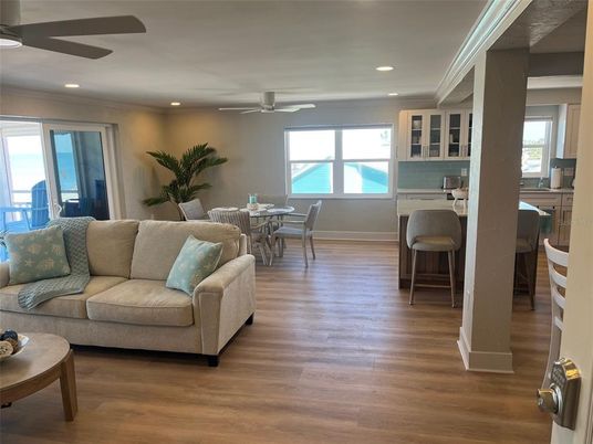 Dining room, Interior, Living room, Recessed Lighting, Wood Texture Flooring