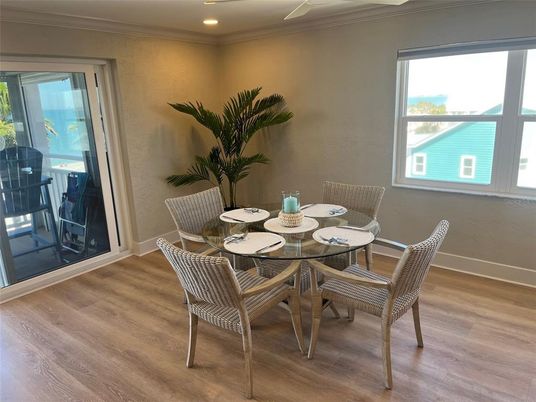 Dining room, Interior, Recessed Lighting, Wood Texture Flooring