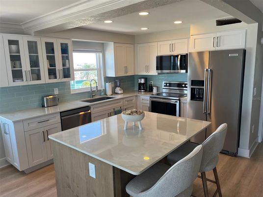 Interior, Kitchen, Recessed Lighting, Stainless Steel Appliances, Wood Texture Flooring