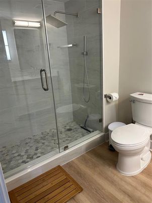 Bathroom, Glass Shower, Interior, Wood Texture Flooring