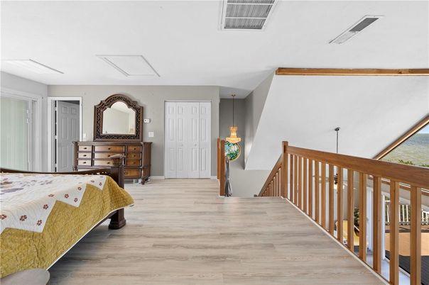 Bedroom, Interior, Pendant Lights, Wood Texture Flooring