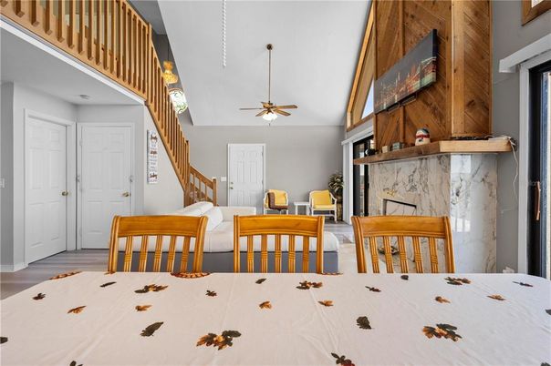 Dining room, Interior, Pendant Lights, Wood Texture Flooring