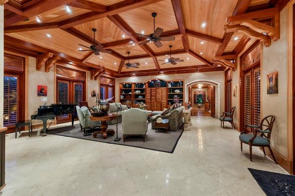 Interior, Living room, Piano, Recessed Lighting, Wooden Beams, Wooden Ceilings
