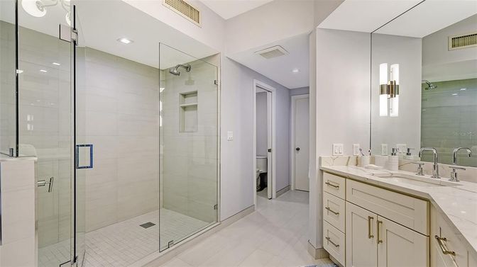Bathroom, Dual Sink Vanities, Glass Shower, Interior, Recessed Lighting