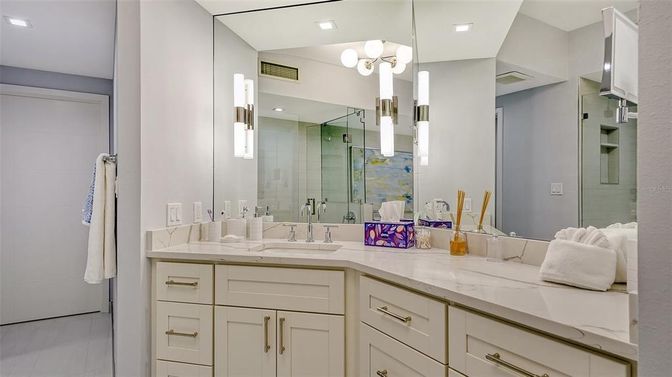 Bathroom, Dual Sink Vanities, Glass Shower, Interior, Recessed Lighting