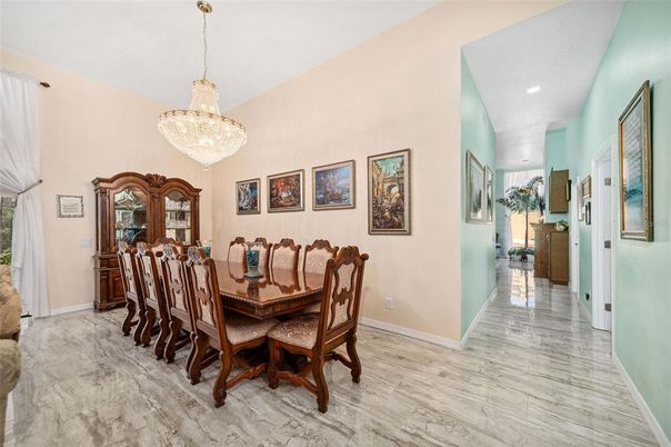 Chandelier, Dining room, Interior, Marble, Recessed Lighting, Wood Texture Flooring