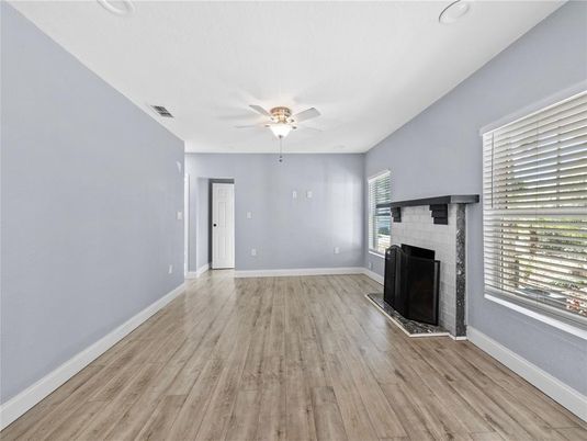 Empty room, Fireplace, Interior, Recessed Lighting, Wood Texture Flooring