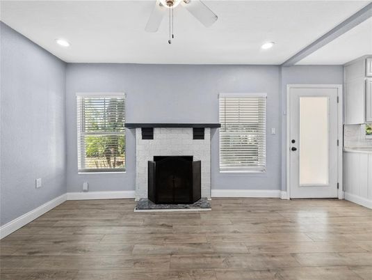 Empty room, Fireplace, Interior, Recessed Lighting, Wood Texture Flooring