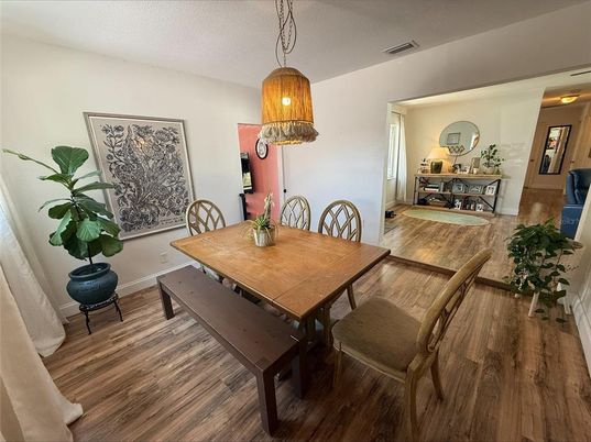 Dining room, Interior, Pendant Lights, Wood Texture Flooring