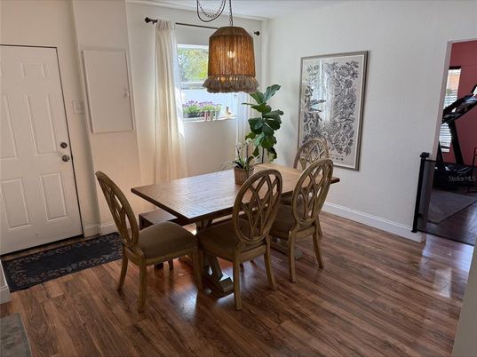 Dining room, Interior, Pendant Lights, Wood Texture Flooring
