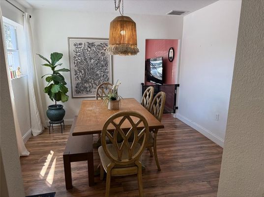 Dining room, Interior, Pendant Lights, Wood Texture Flooring