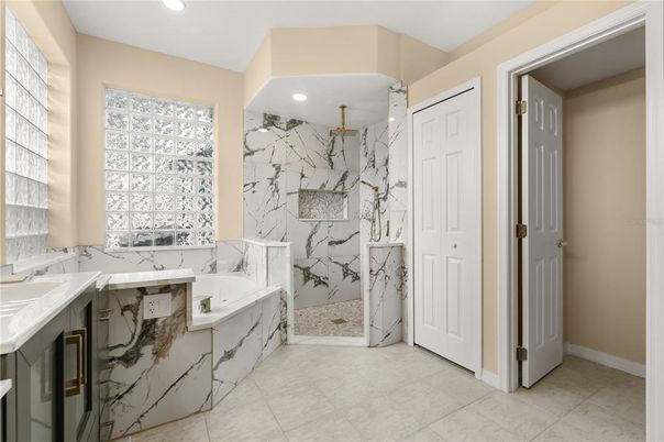 Bathroom, Glass Shower, Interior, Marble Walls, Recessed Lighting