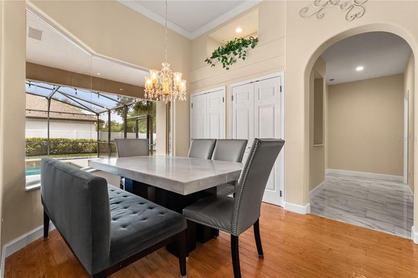 Chandelier, Dining room, Interior, Recessed Lighting, Wood Texture Flooring