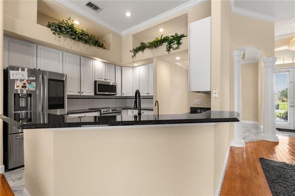 Interior, Kitchen, Recessed Lighting, Stainless Steel Appliances, Wood Texture Flooring