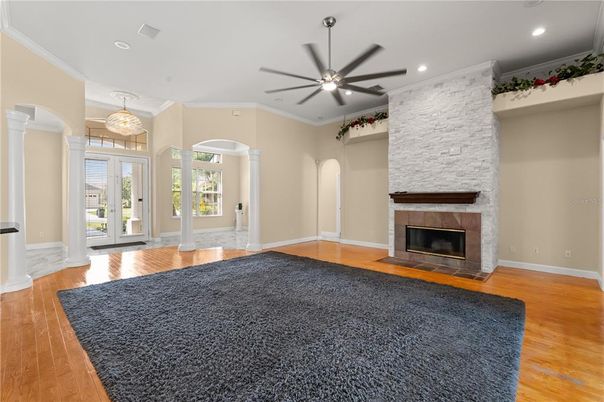 Empty room, Fireplace, Interior, Recessed Lighting, Wood Texture Flooring