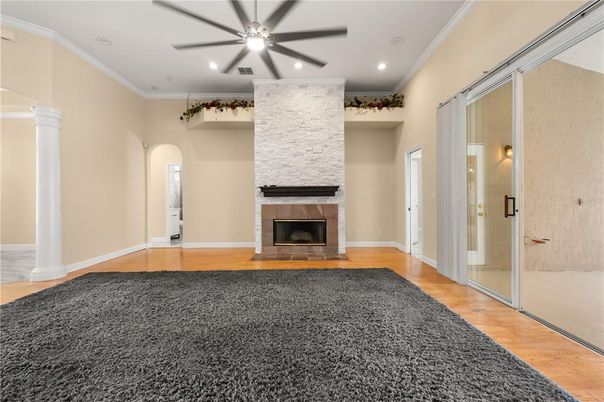 Empty room, Fireplace, Interior, Recessed Lighting, Wood Texture Flooring