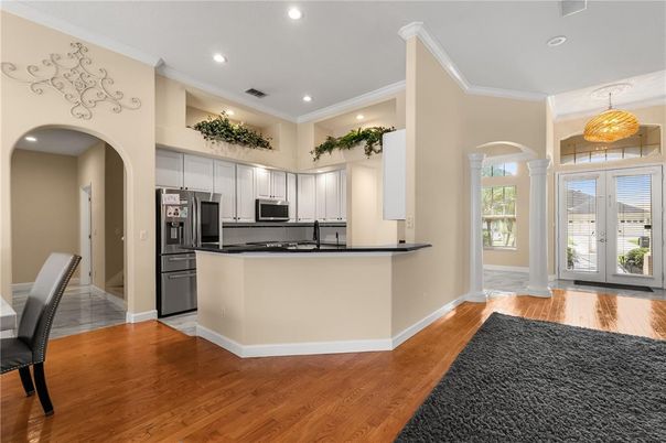 Interior, Kitchen, Recessed Lighting, Stainless Steel Appliances, Wood Texture Flooring