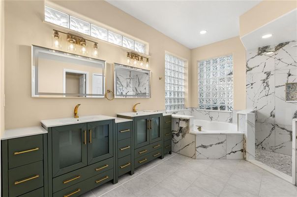 Bathroom, Dual Sink Vanities, Interior, Marble Walls, Recessed Lighting