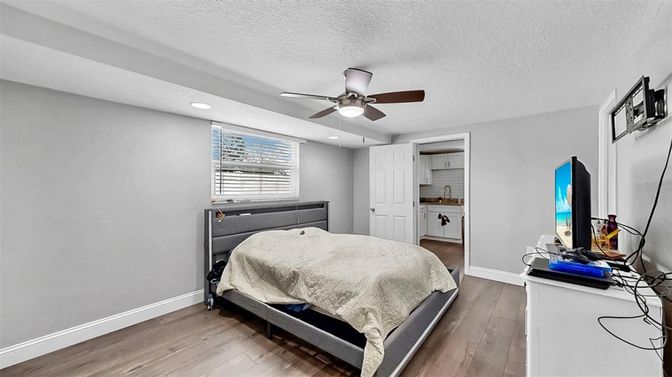 Bedroom, Interior, Recessed Lighting, Wood Texture Flooring