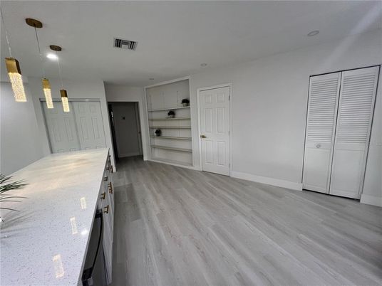 Empty room, Interior, Pendant Lights, Wood Texture Flooring