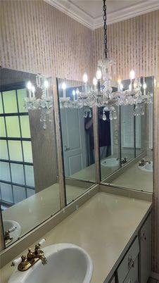 Bathroom, Chandelier, Dual Sink Vanities, Glass Shower, Interior